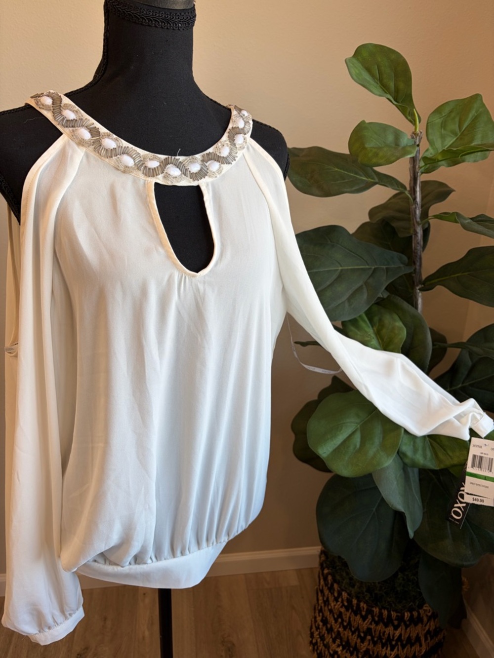 XOXO Cream Beaded Cold-Shoulder Keyhole Blouse